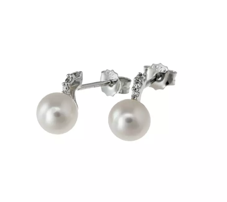 Valkokultaiset helmikorvakorut kirkkailla zirkoneilla 17-K1710 - Kultaiset korvakorut - 17-K1710 - 1