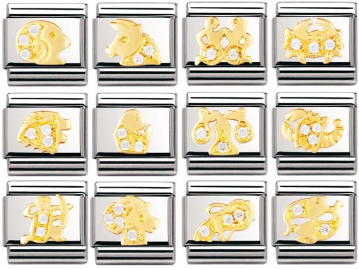 Nomination kultaiset horoskooppipalat zirkoneilla. - Composable Classic - 030302-01 - 1