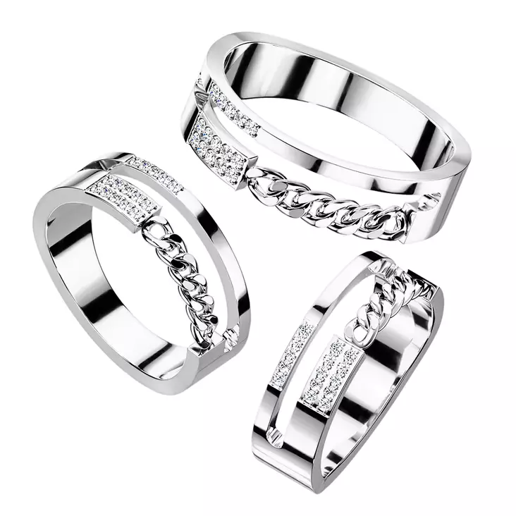 Kaksiosainen sormus ketjulla ja zirkoneilla H7745S - Terässormukset - H7745S-1575 - 1