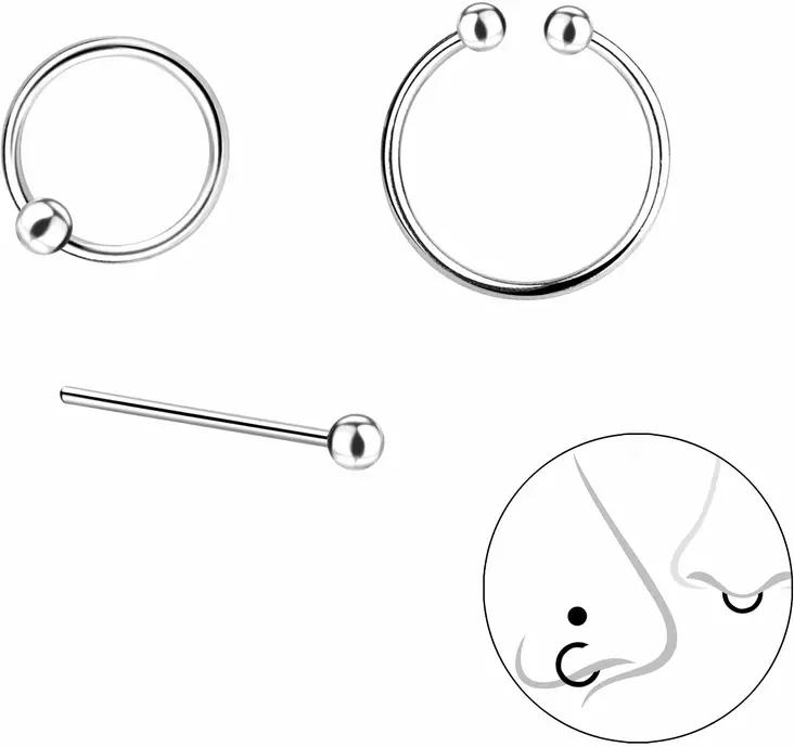 Nen=C3=A4korusetti 3-osaa hopeaa - Lävistyskorut - Y4335 - 1