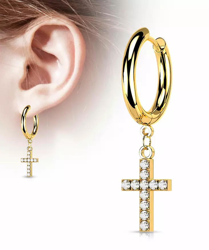 Korvakoru ristillä zirkoneilla 1kpl - Teräksiset korvakorut - H4108G - 1