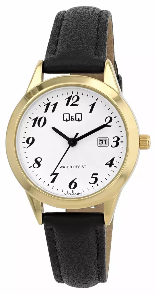 Q&Q N kullattu peruskello musta nahka - Peruskellot - C27A-004PY - 1